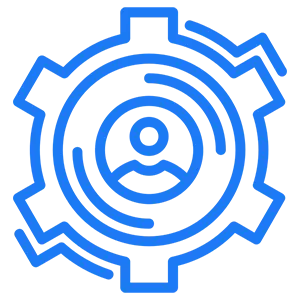Icono de consultoría, mostrando a una persona en el centro de un engranaje.