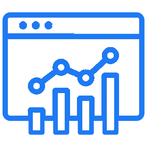 Icono de analítica de datos, con gráficos de rendimiento en una pantalla.